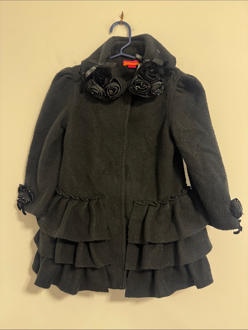 Kate Mack Black Ruffle Pea Coat with Rosette Accents